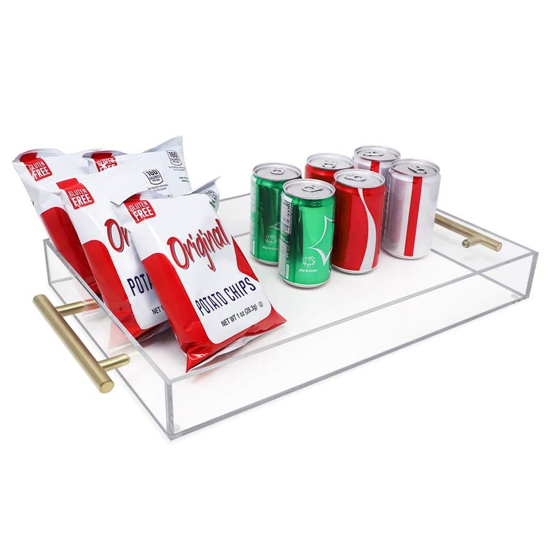 Isaac Jacobs Clear Acrylic Serving Tray (11x17) with Gold Metal Handles, Spill-Proof, Stackable Organizer, Food & Drinks Server, Indoors/Outdoors, Lucite Storage DÃ©cor (11x17, Clear with Gold Handle) - Image 3